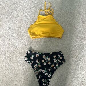Yellow Top and Black Flower Bottoms Tankini